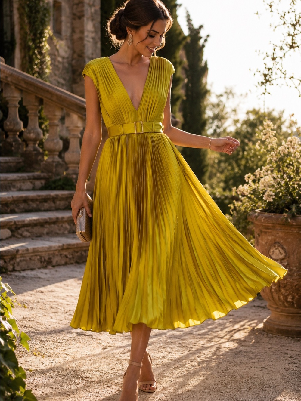 NWT Mac Duggal Chartreuse Pleated Satin Belted Midi Dress Size 8